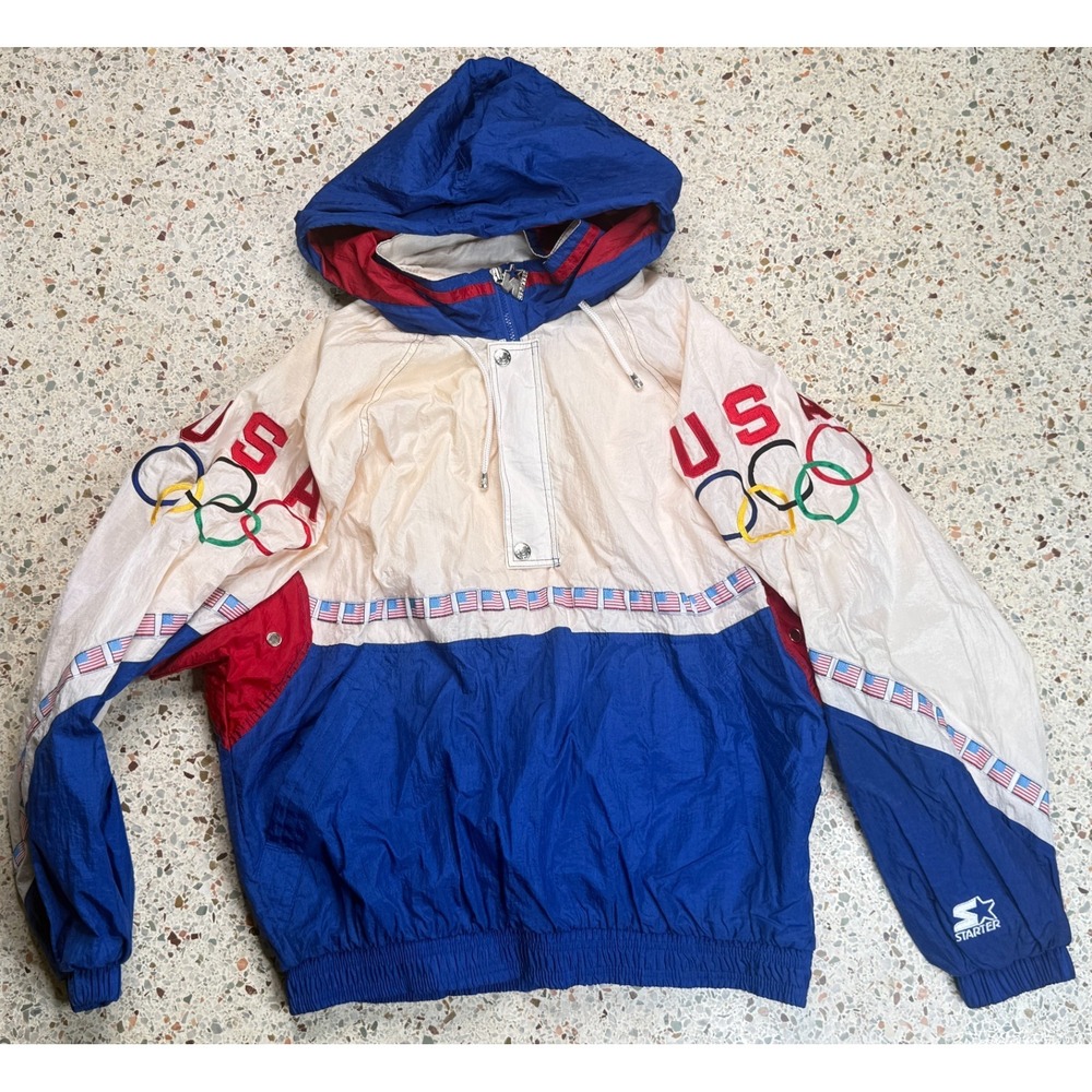 Starter Vtg U.S. Olympic Team 1/4 Zip Hooded Windbreaker Jacket Size XL